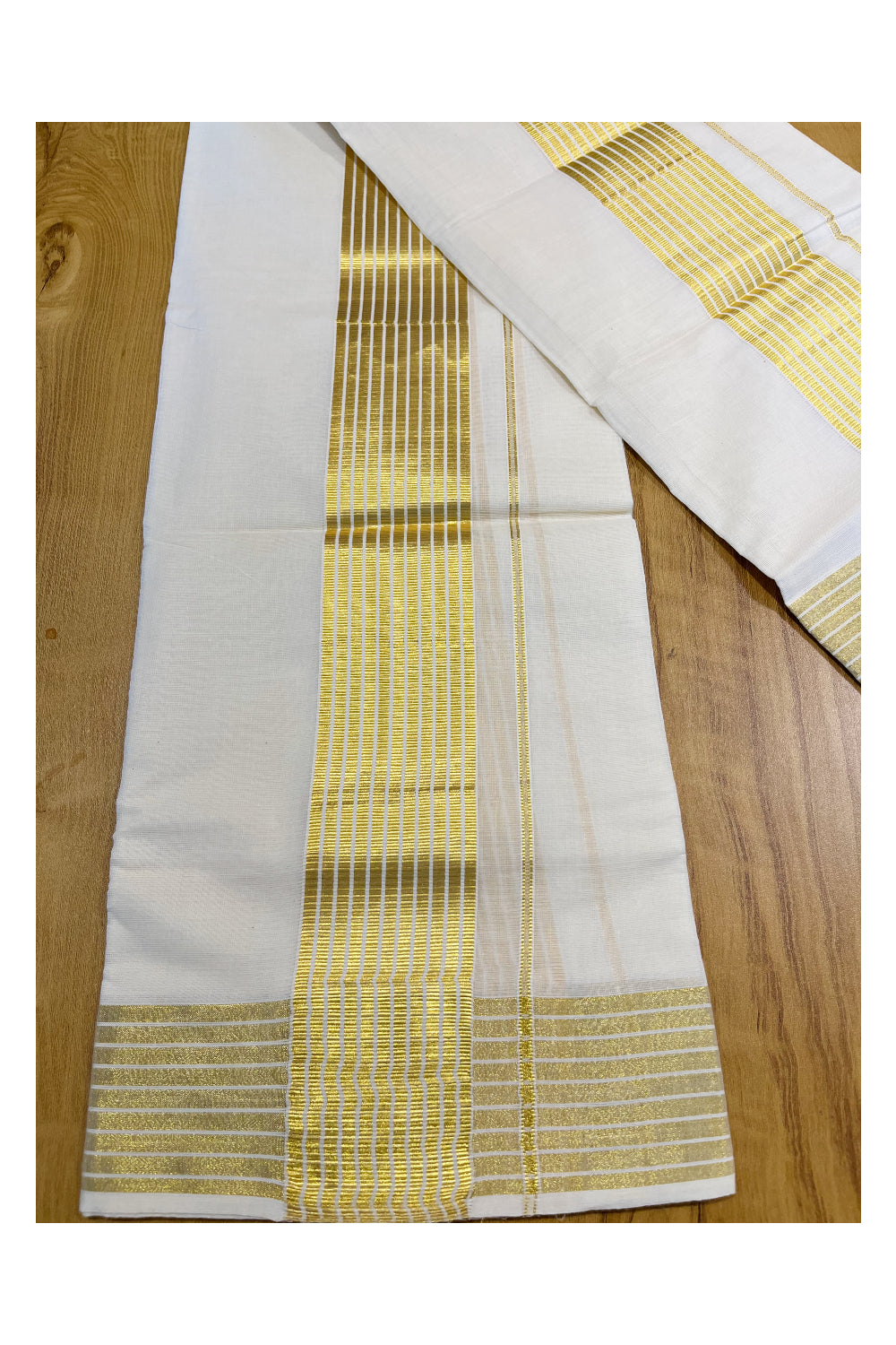 Kerala Cotton Set Mundu (Mundum Neriyathum) with Golden Lines on Border