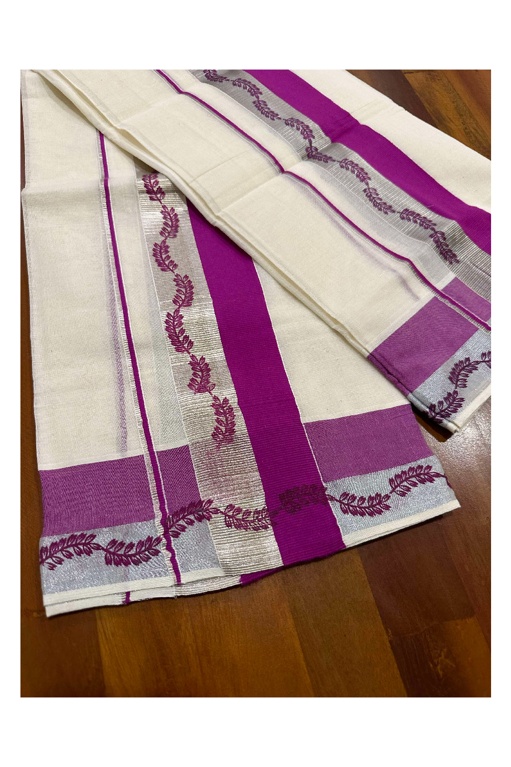 Kerala Cotton Single Set Mundu (Mundum Neriyathum) with Magenta Block Prints and Silver Kasavu Border 2.80 Mtrs (Onam set Mundu 2023)