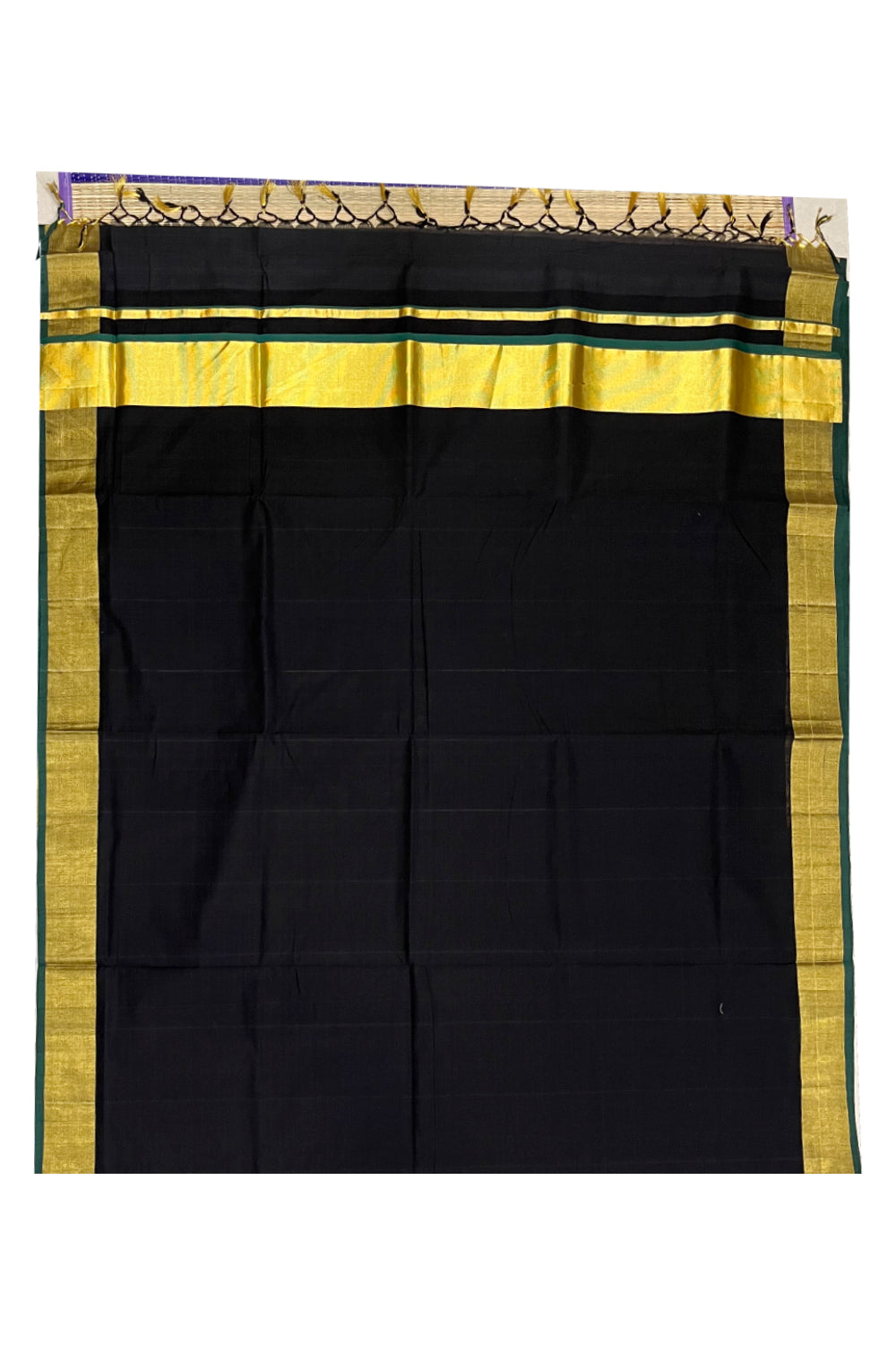 Southloom Premium Handloom Black Saree with Green And Kasavu Border