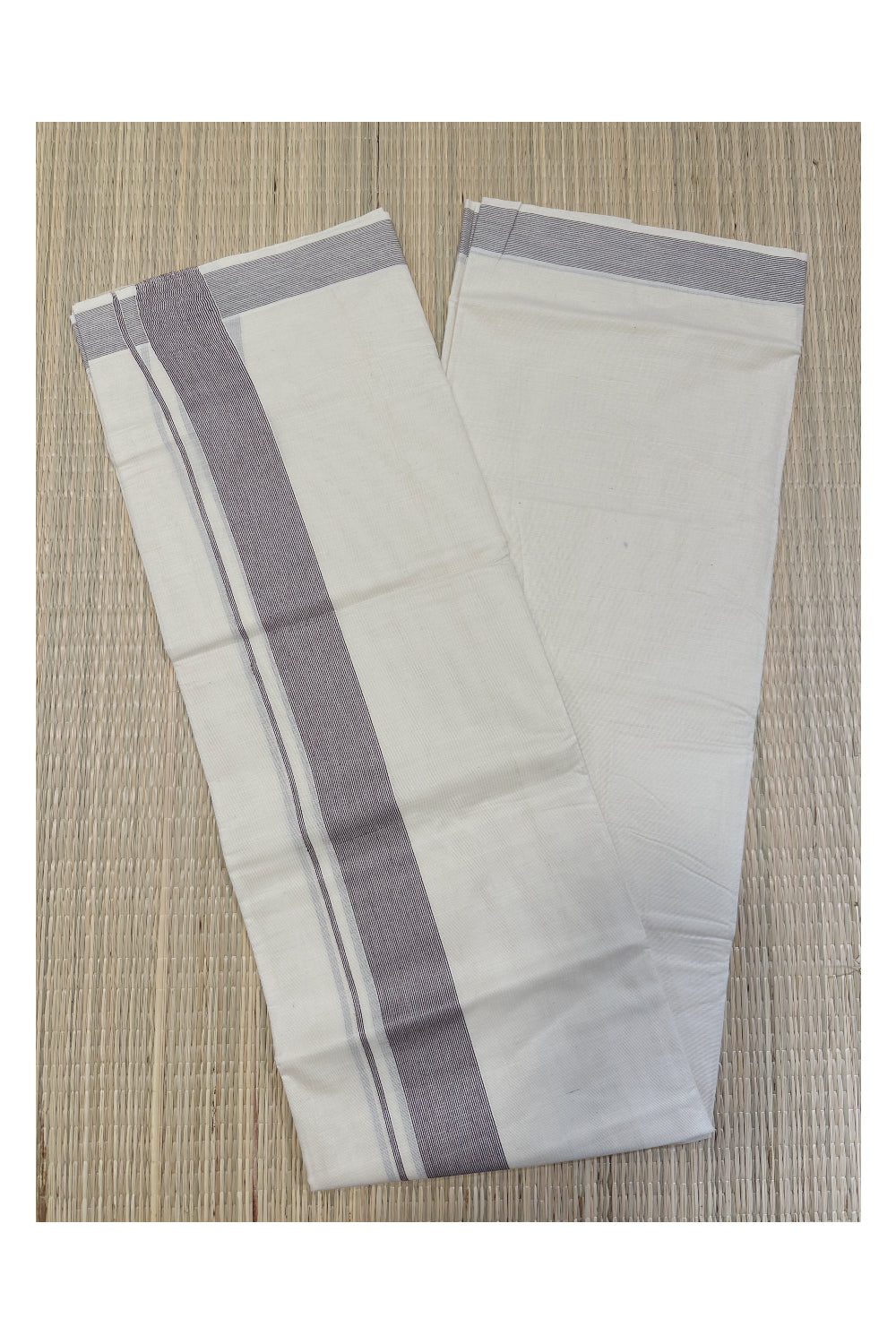 Off White Kerala Double Mundu with Brown Kara (South Indian Kerala Dhoti)