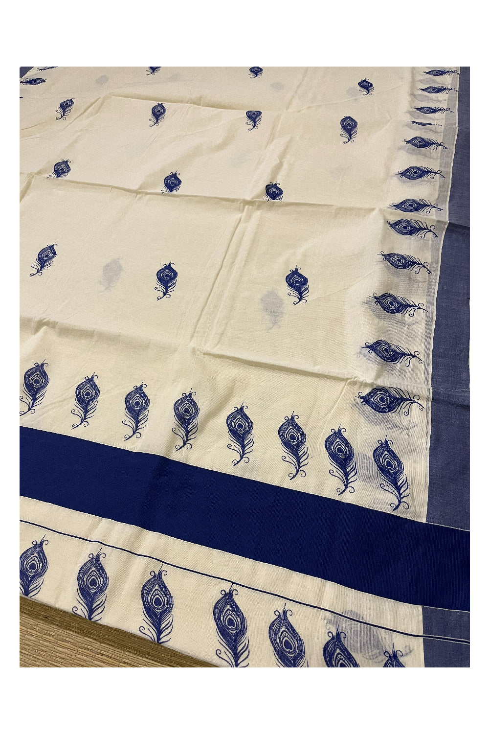 Pure Cotton Kerala Saree with Blue Feather Block Printed Border (Onam Saree 2023)