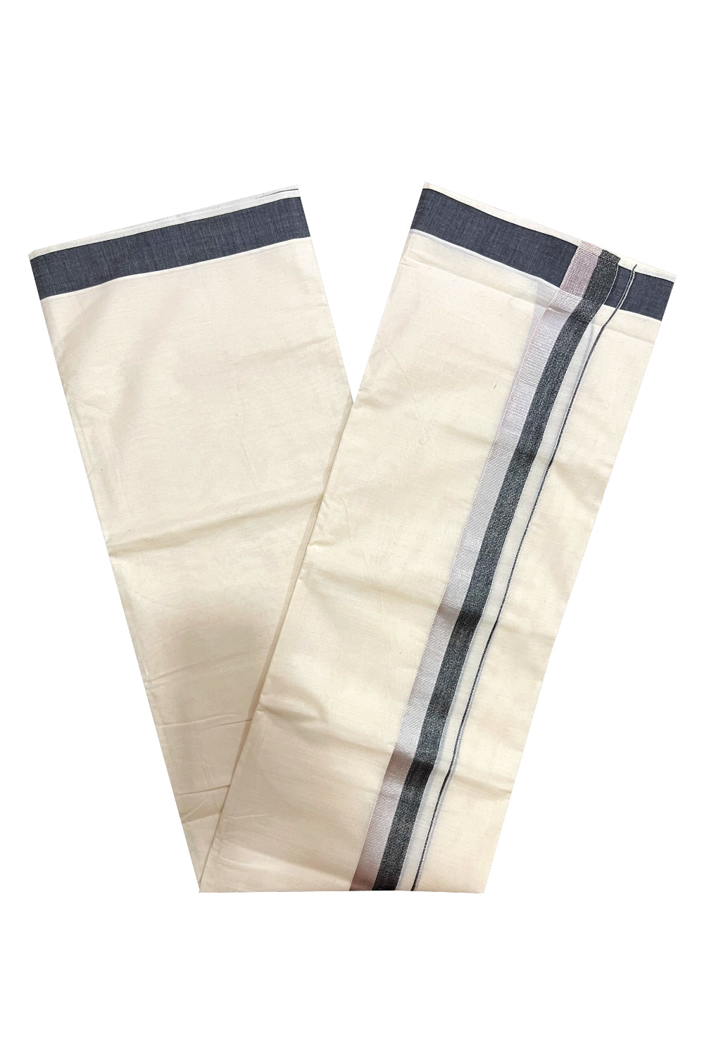 Kerala Cotton Double Mundu with Black and Silver Kasavu Border (Onam Mundu 2023)