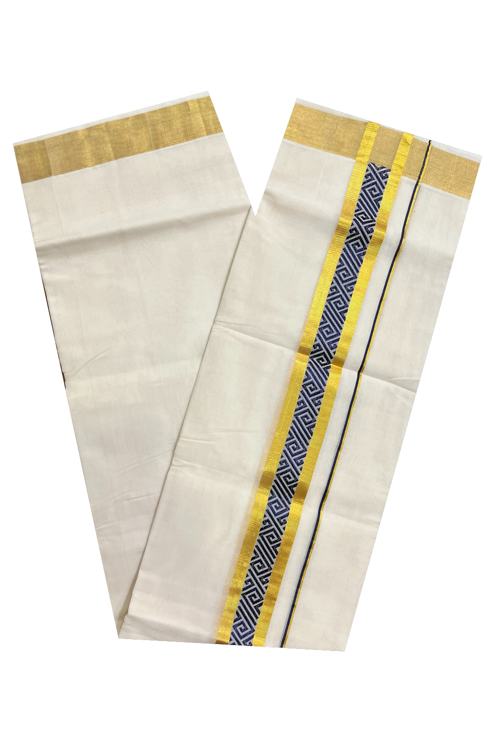 Southloom Premium Handloom Pure Cotton Mundu with Golden and Blue Kasavu Woven Border (Vishu 2024 Collection)