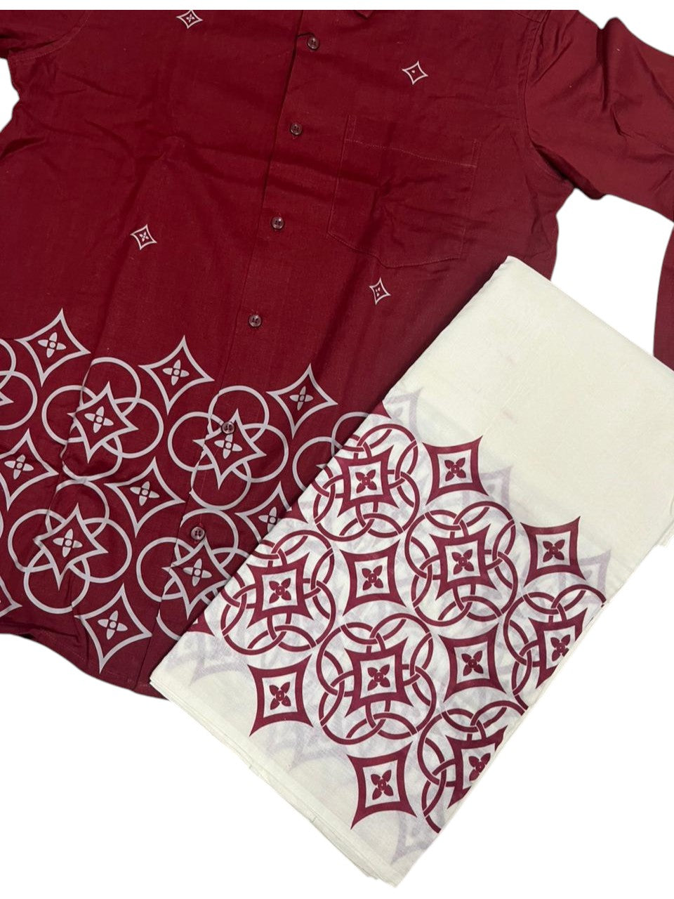 Southloom Cotton printed Maroon Men's Combo  (Shirt + Mundu) SL578