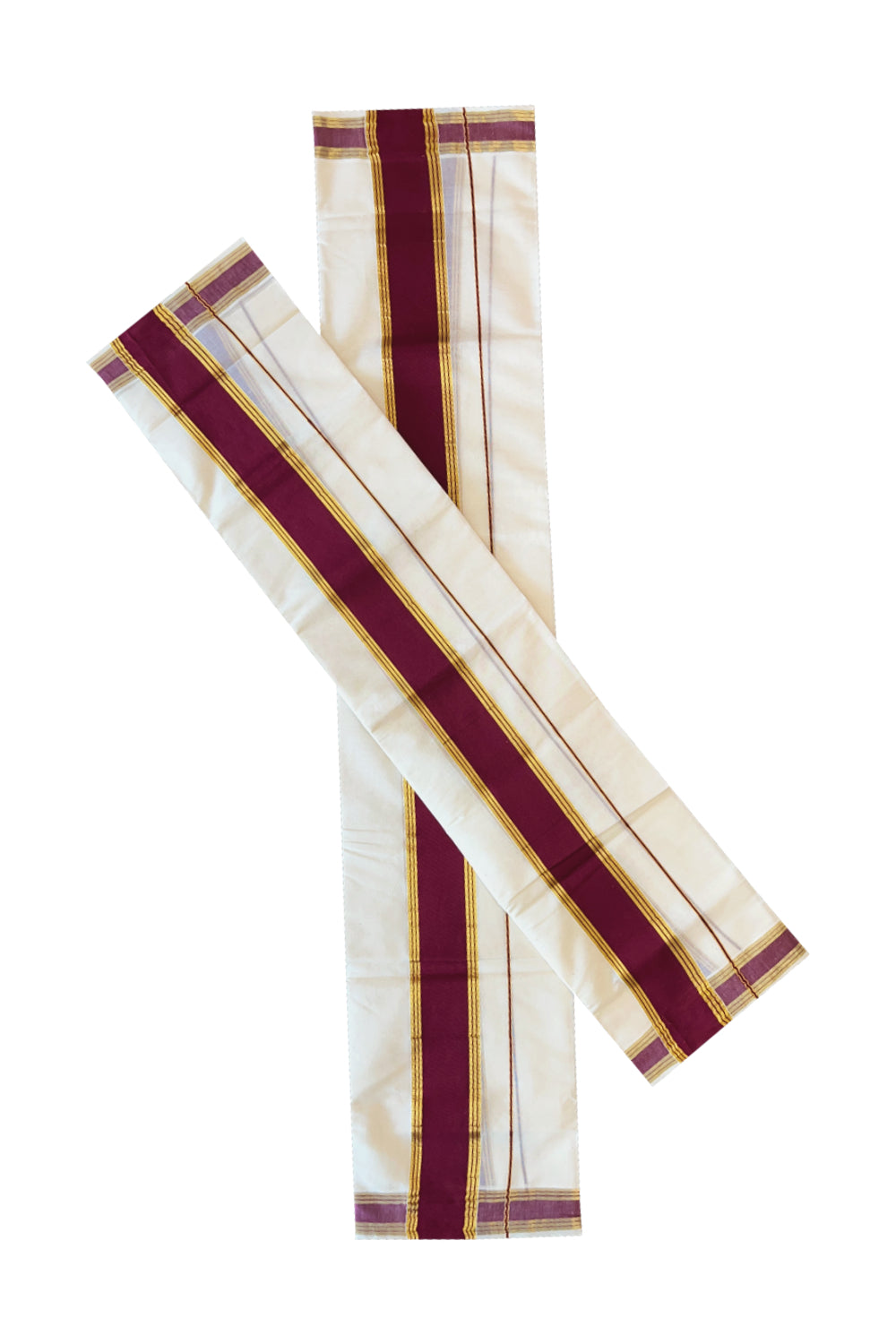 Cotton Mundum Neriyathum Double (Set Mundu) with Maroon and Kasavu Border