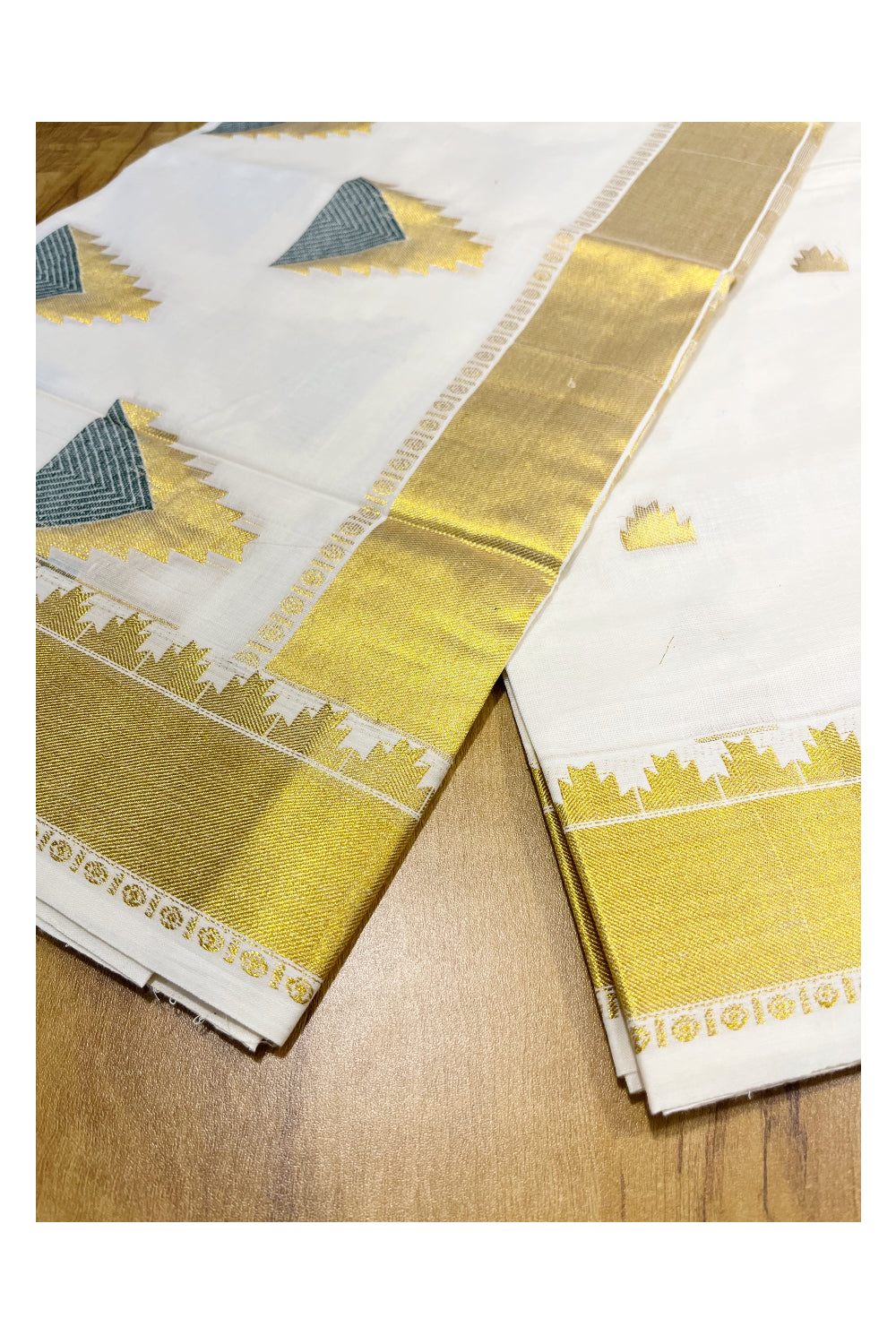 Southloom Cotton Kasavu Saree with Temple Woven Designs across Body