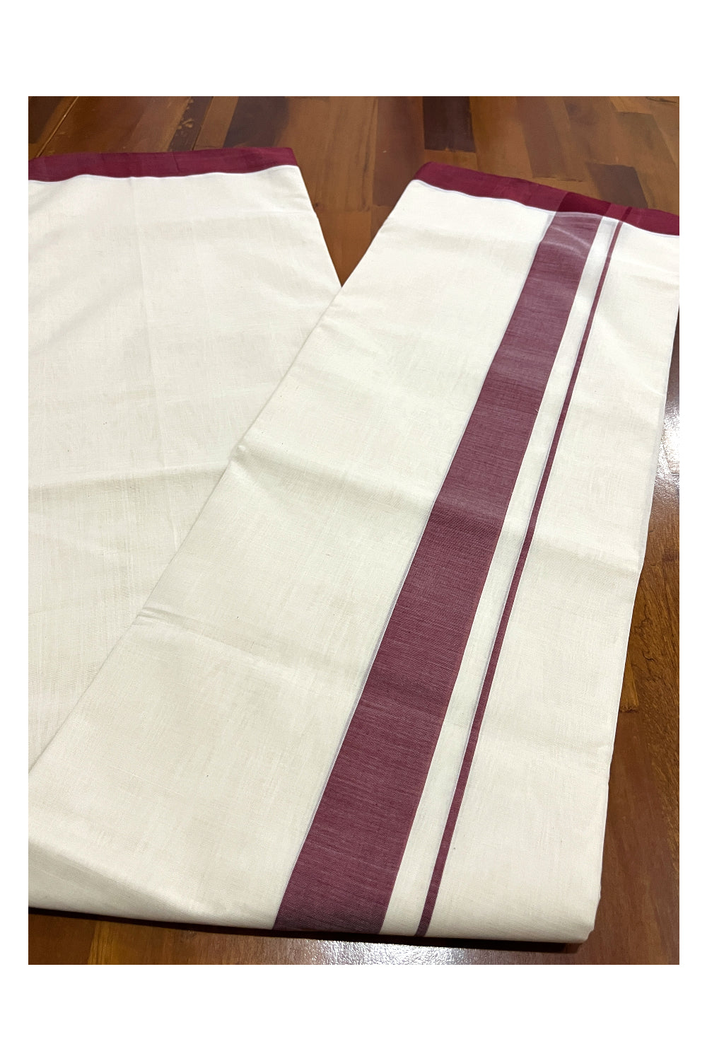 Southloom Premium Balaramapuram Unakkupaavu Handloom Mundu with 2 inch Maroon Border (South Indian Kerala Dhoti)