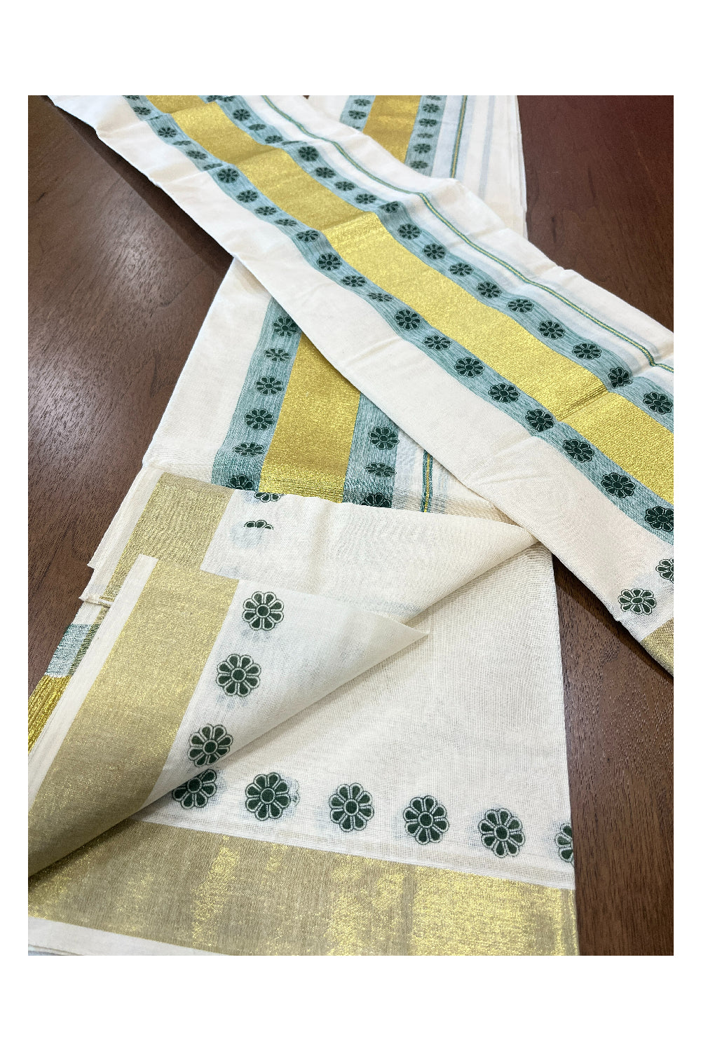 Cotton Single Set Mundu (Mundu Neriyathum) with Green Block Prints and Kasavu Border