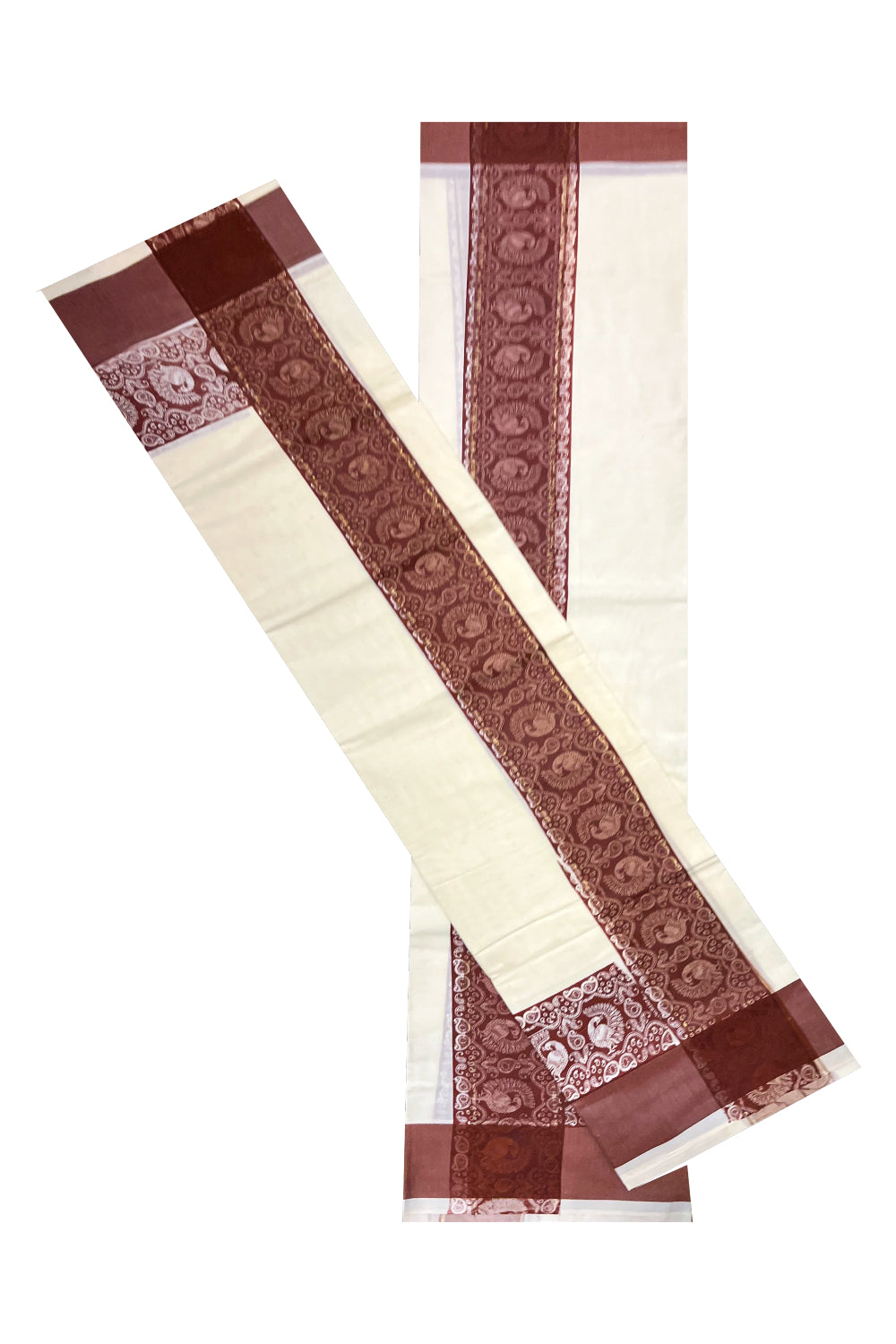 Kerala Cotton Single Set Mundu (Mundum Neriyathum) with Brown Block print Border 2.80Mtrs