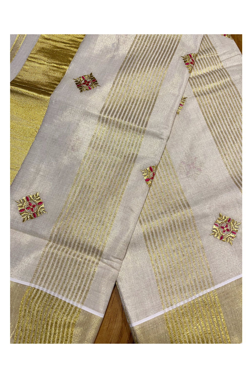 Kerala Tissue Kasavu Stripes Saree with Pink Floral Embroidery Design on Body