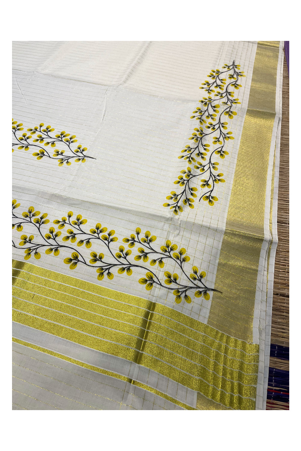 Southloom Yellow Floral Printed Kasavu Lines Cotton Kerala Saree