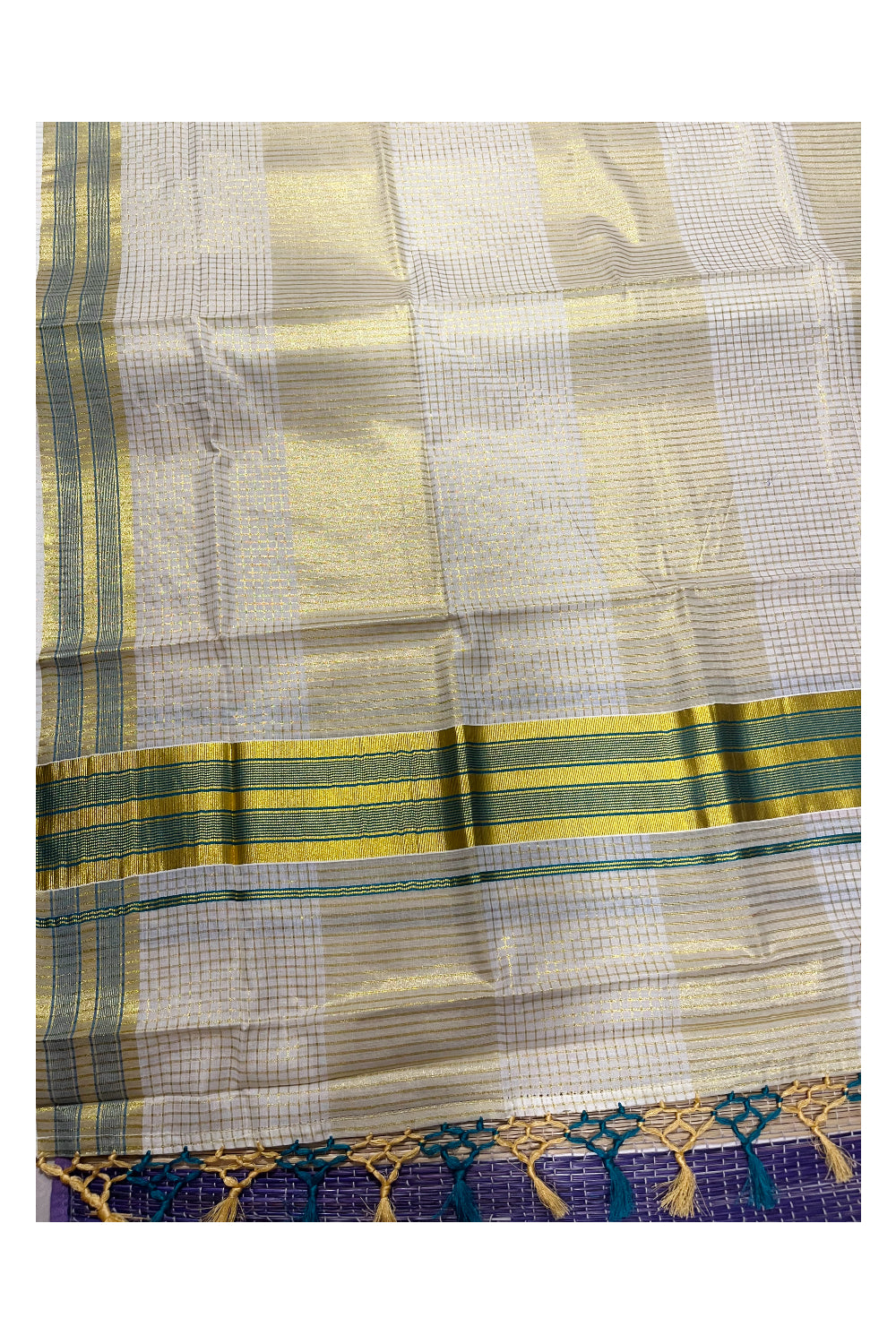 Pure Cotton Kerala Kasavu Check Saree with Peacock Green Border