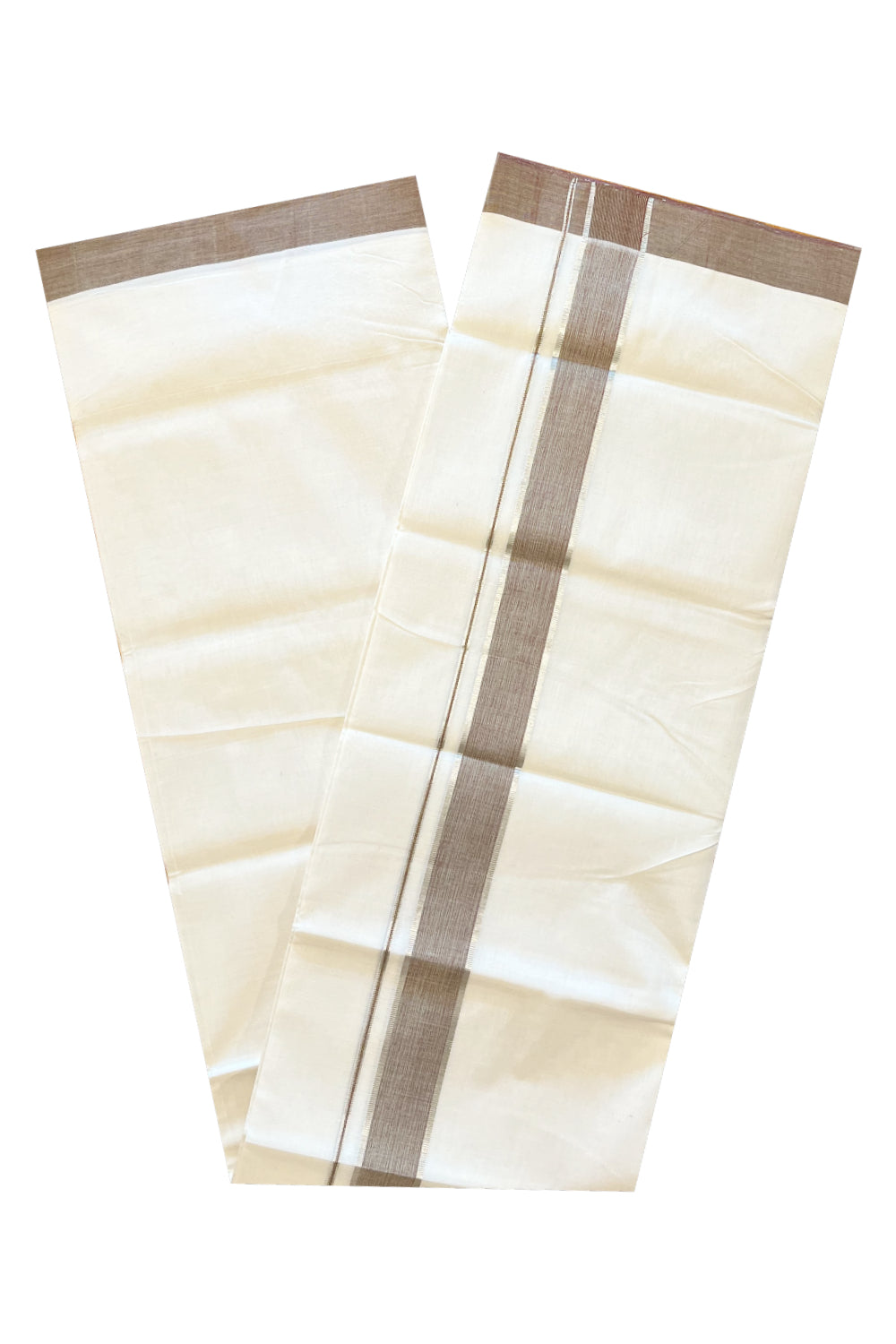 Southloom Premium Handloom Cotton Double Mundu with Brown and Silver Kasavu Border