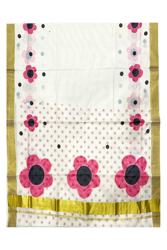 Southloom Exclusive Onam Kasavu Saree with High Quality Digital Pink Floral Print Across Body (Matching Printed Blouse Included)
