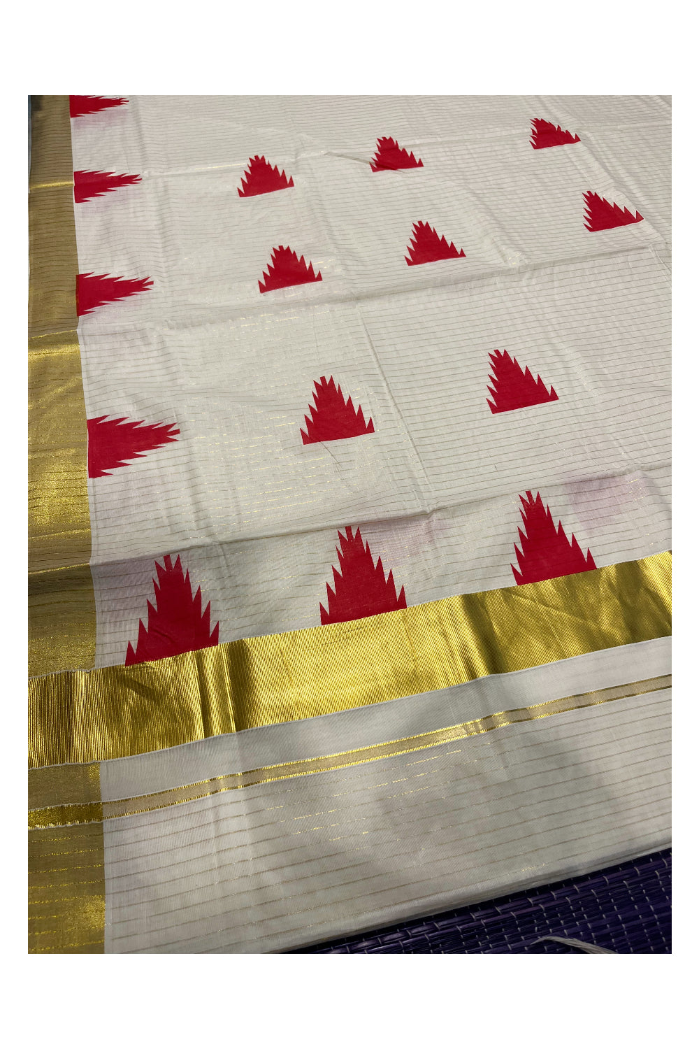 Kerala Cotton Kasavu Lines Saree With Red Temple Prints on Border