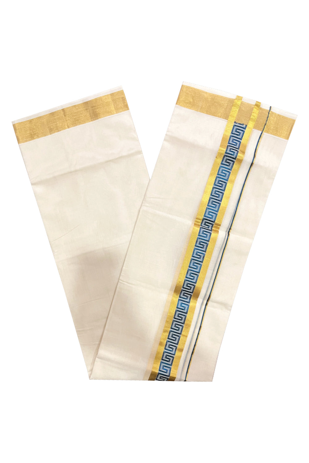 Southloom Premium Wedding Handloom Cotton Mundu with Blue and Golden Kasavu Woven Border (South Indian Kerala Dhoti)