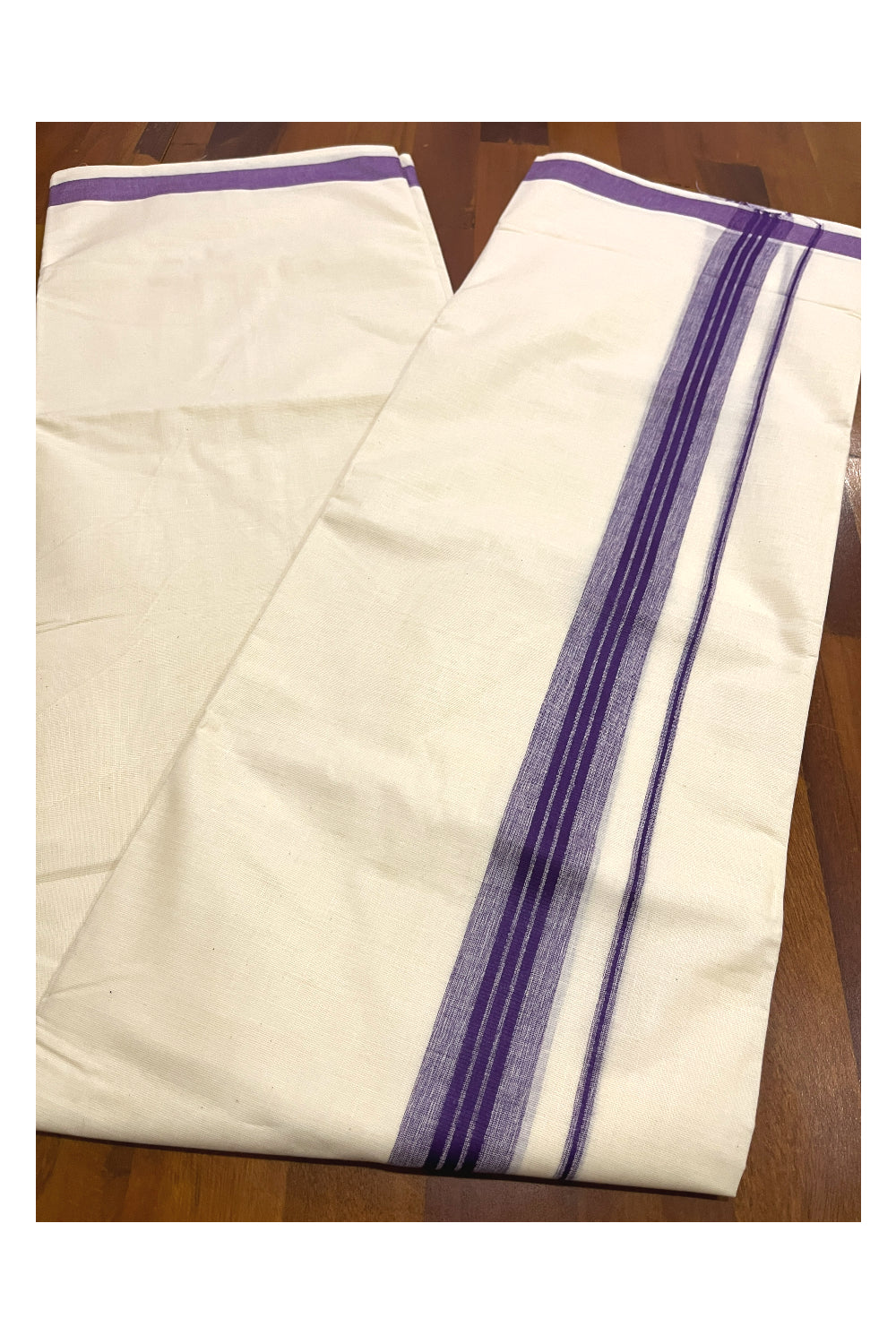 Pure Cotton Double Mundu with Violet Kara (South Indian Kerala Dhoti)