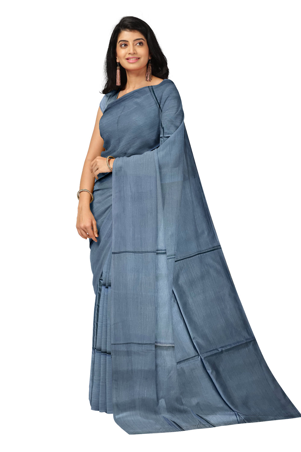 Southloom Premium Tussar Solid Greyish Blue Saree