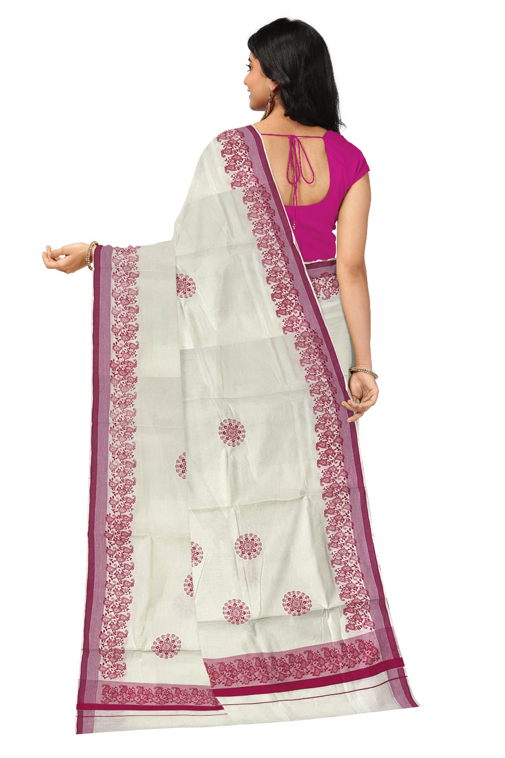 Pure Cotton Off White Kerala Saree with Pink Paisley Block Prints on Border