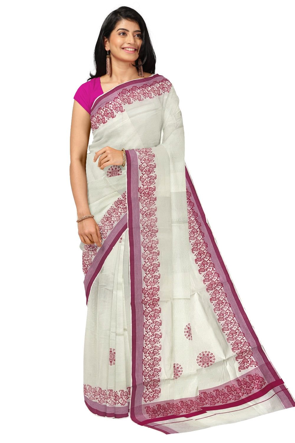 Pure Cotton Off White Kerala Saree with Pink Paisley Block Prints on Border