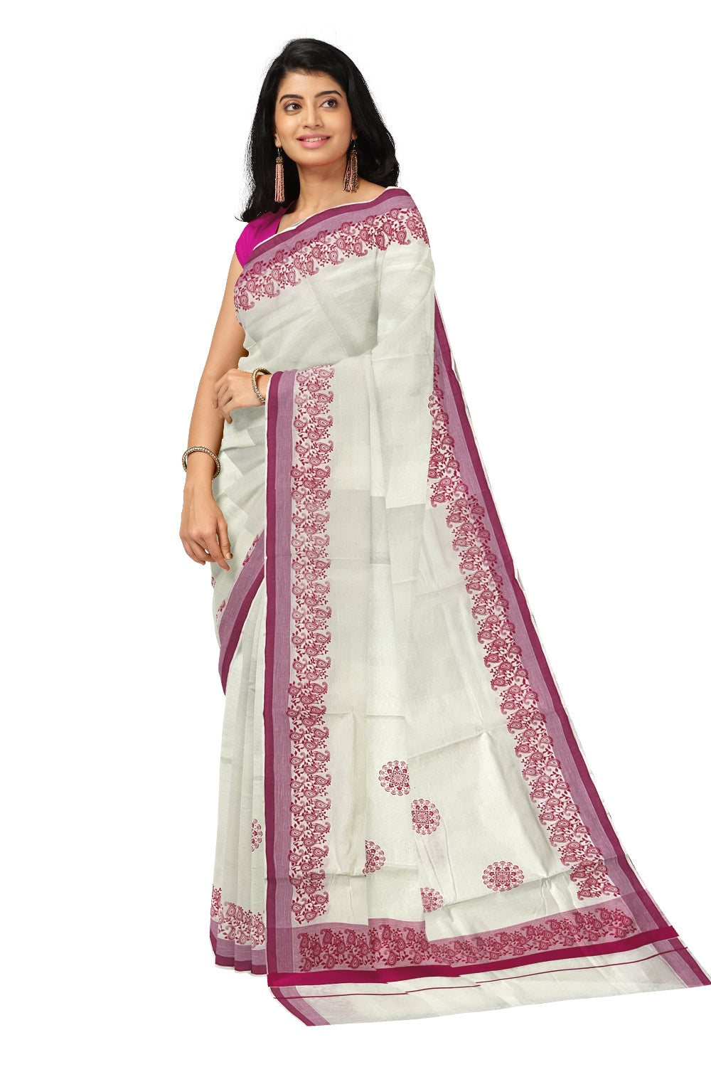 Pure Cotton Off White Kerala Saree with Pink Paisley Block Prints on Border