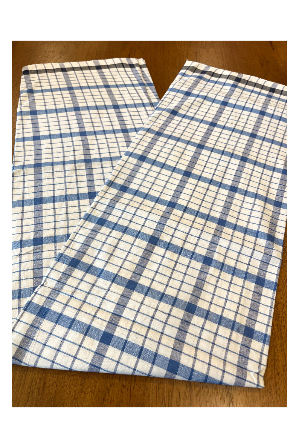 Southloom Premium Handloom White Single Mundu (Lungi) with Blue Check Designs