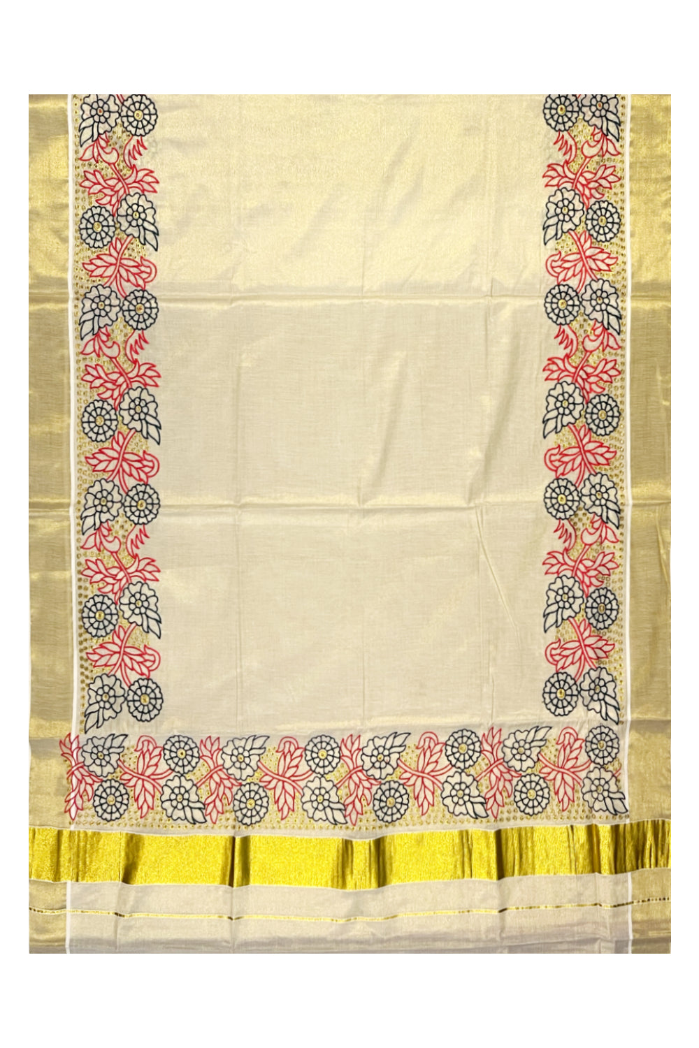 Kerala Tissue Kasavu Saree with Floral Embroidery Works