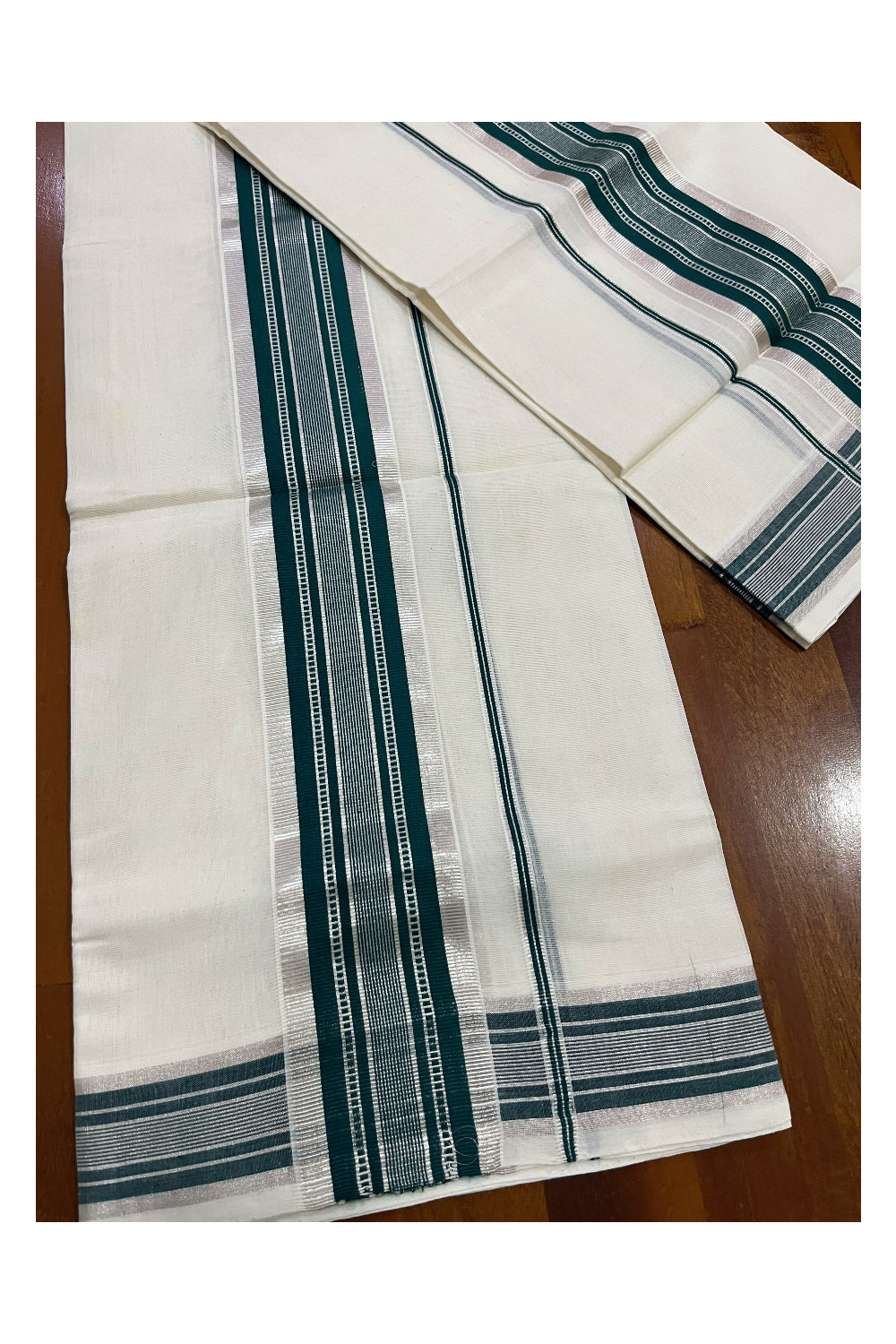 Pure Cotton Handloom Premium Kasavu Set Mundu (Mundum Neriyathum) with Green and Silver Kasavu Border (Onam Set Mundu 2023)