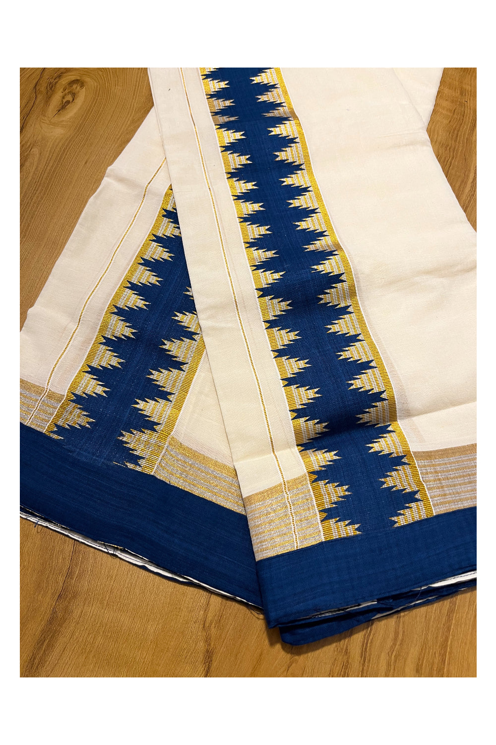 Kerala Cotton Single Set Mundu (Mundum Neriyathum) with  Kasav and Silver Lines Blue Temple Applique Work Border 2.80Mtrs