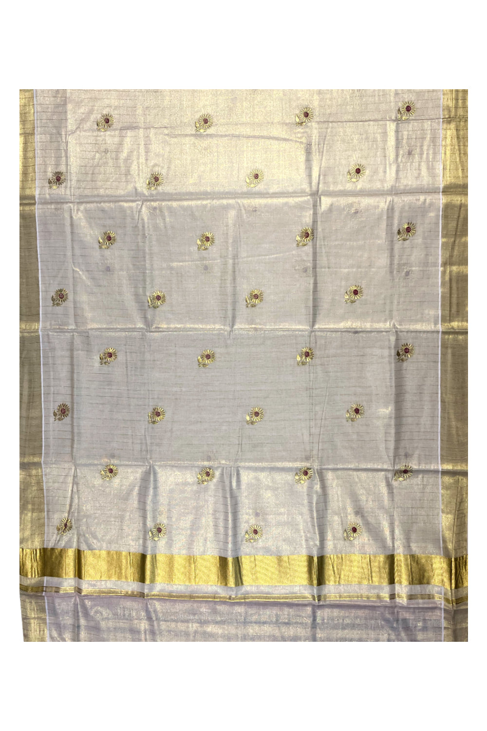 Kerala Tissue Kasavu Lines Saree with Embroidary Work On Body