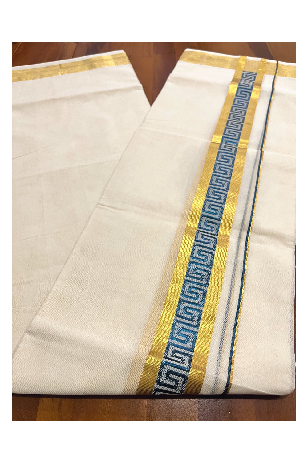 Southloom Premium Wedding Handloom Cotton Mundu with Blue and Golden Kasavu Woven Border (South Indian Kerala Dhoti)