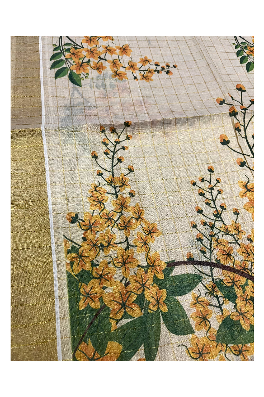 Kerala Tissue Kasavu Check Design Saree with Floral Prints on Body
