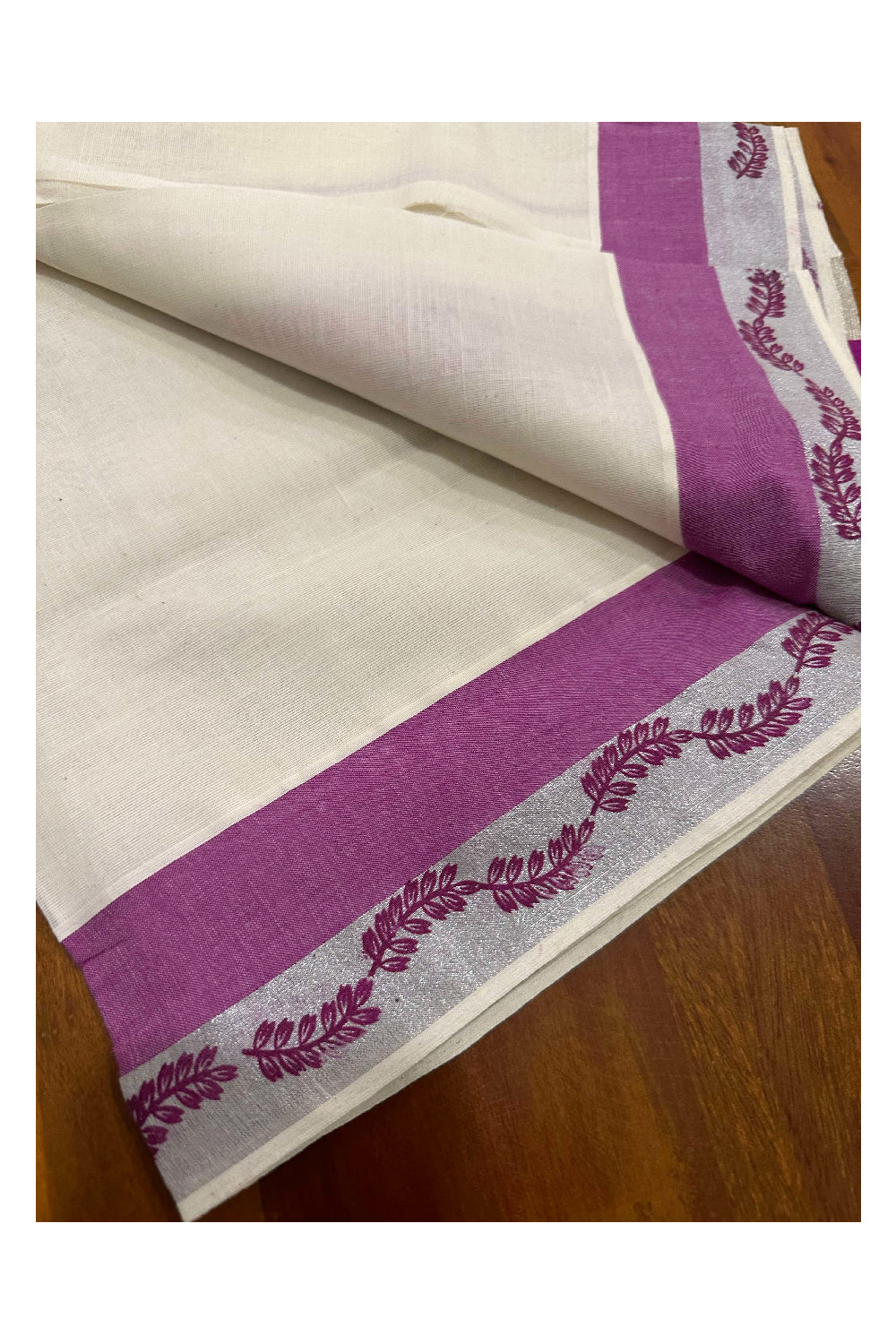 Kerala Cotton Single Set Mundu (Mundum Neriyathum) with Magenta Block Prints and Silver Kasavu Border 2.80 Mtrs (Onam set Mundu 2023)