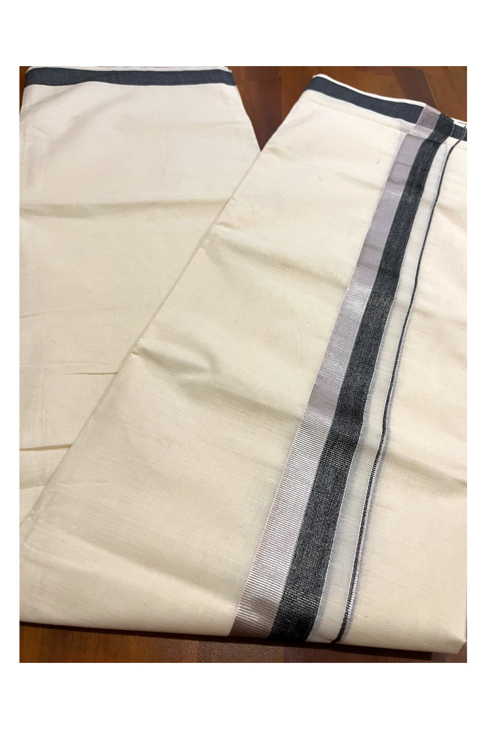 Kerala Cotton Double Mundu with Black and Silver Kasavu Border (Onam Mundu 2023)