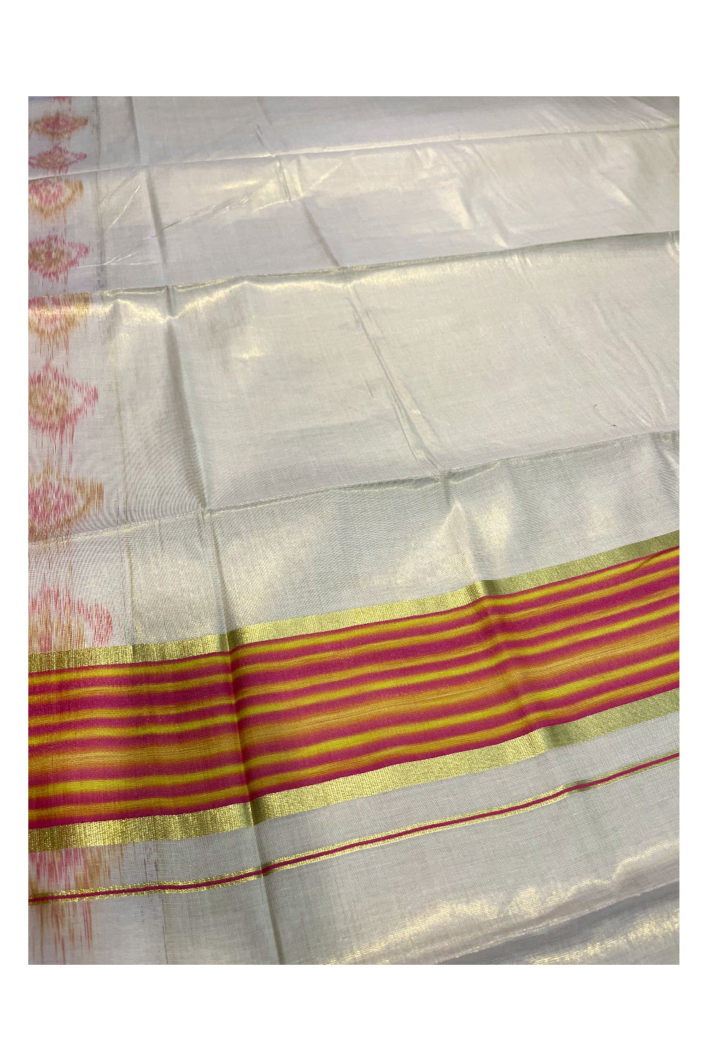 Southloom Kerala Tissue Kasavu Saree with Pink and Yellow Pochampally Design on Borders and Kara