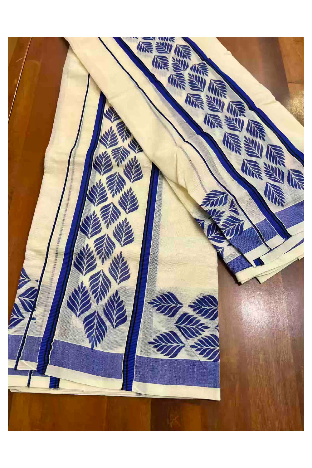 Kerala Cotton Single Set Mundu (Mundum Neriyathum) with Leaf Block Prints on Dark Blue and Black Border