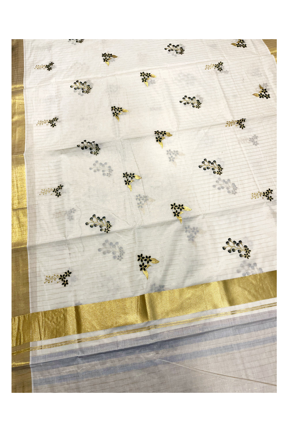 Kerala Cotton Kasavu Lines Saree with Kanikonna Floral Embroidery Works On Body