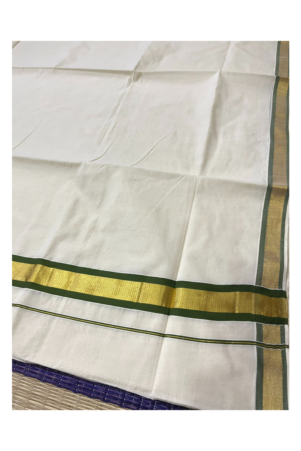 Kerala Pure Cotton Saree with Kasavu and Green Border (Onam Saree 2023)