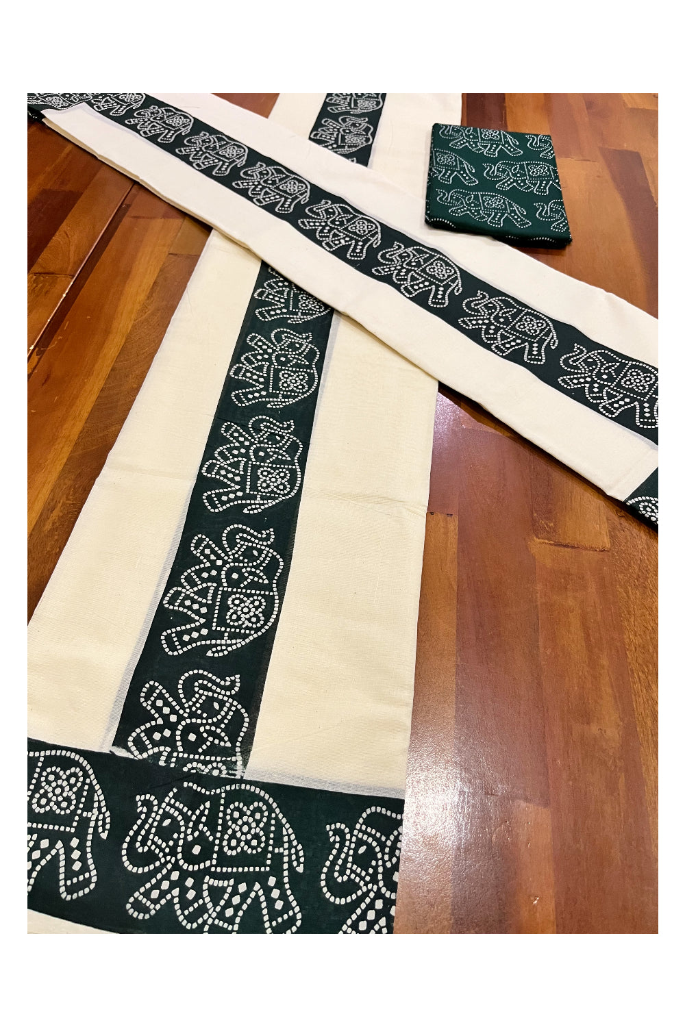 Kerala Cotton Set Mundu (Mundum Neriyathum) with Dark Green Block Prints and Seperate Blouse Piece