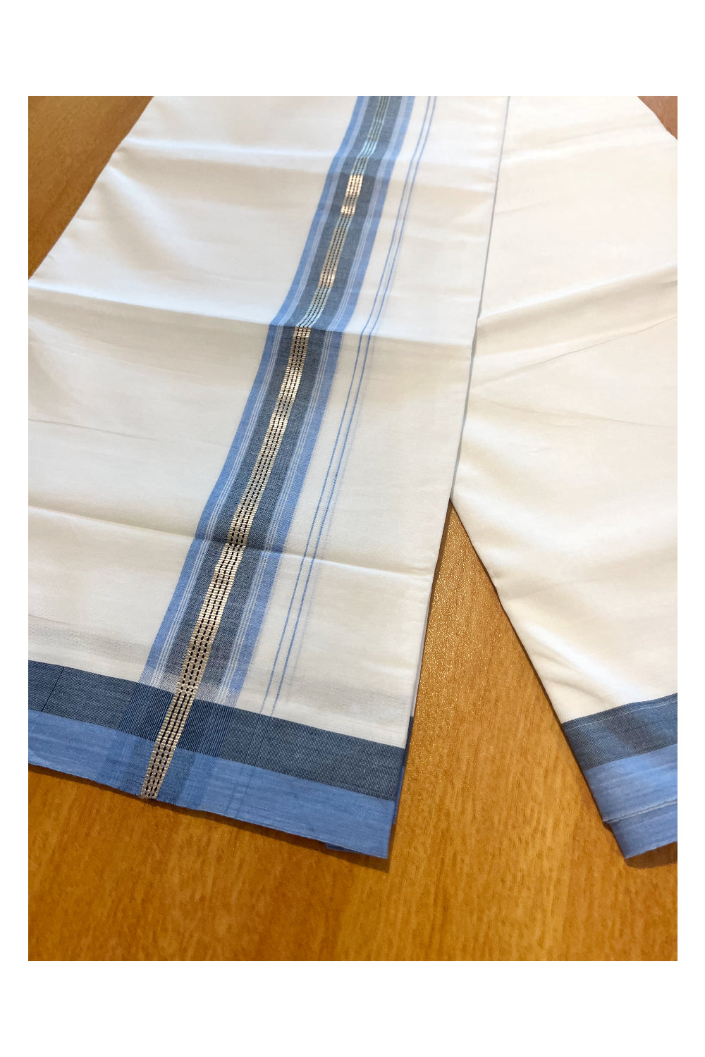 Pure White Cotton Double Mundu with Blue Border (South Indian Dhoti)