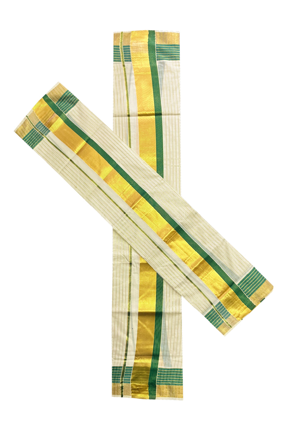 Kerala Cotton Set Mundu Single (Mundum Neriyathum) with Kasavu Lines on Body and Green Border 2.80 Mtrs