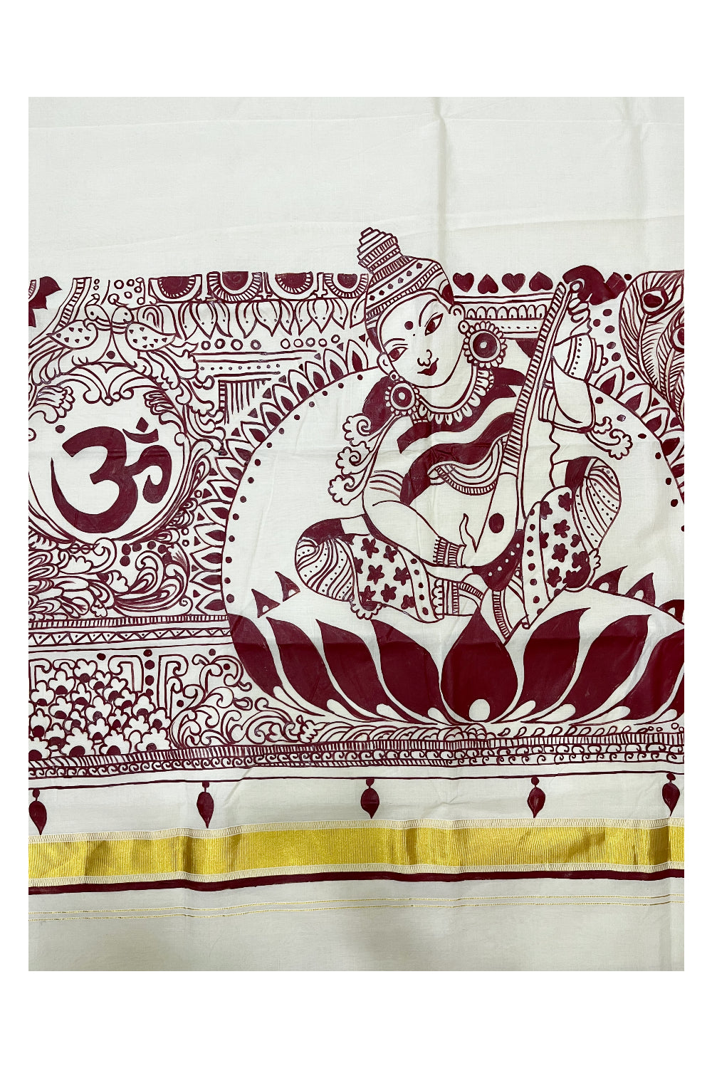 Southloom Premium Balaramapuram Unakkupaavu Handloom Saree with Saraswati Devi Motifs on Pallu and Om Across Borders 🕉️