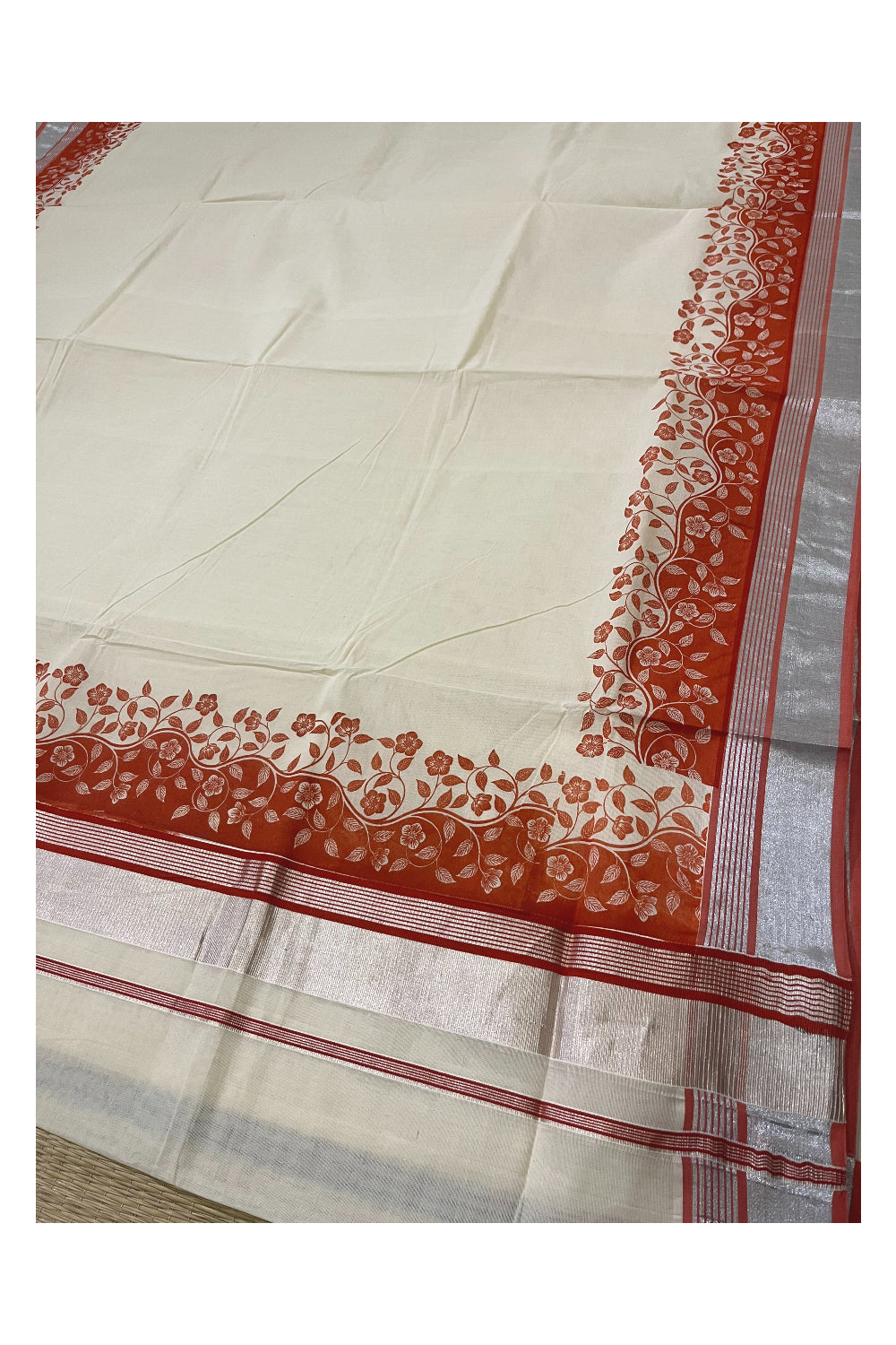 Kerala Cotton Saree with Orange Floral Block Prints and Silver Kasavu Border (Onam Saree 2023)