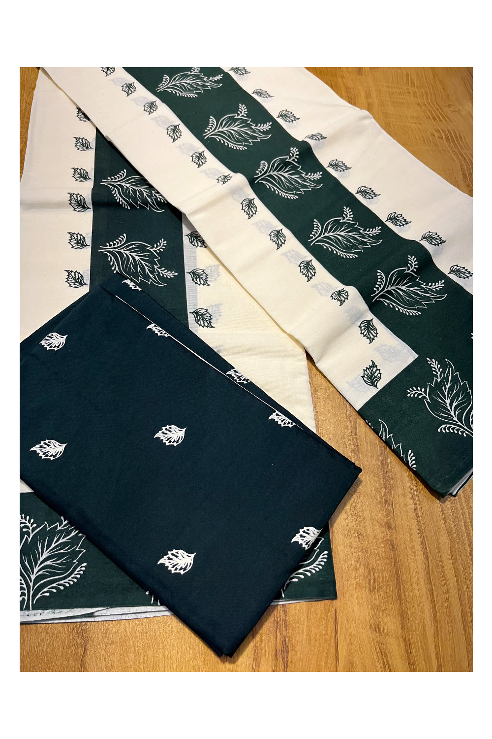 Kerala Cotton Set Mundu (Mundum Neriyathum) with Dark Green Leaf Prints and Seperate Blouse Piece