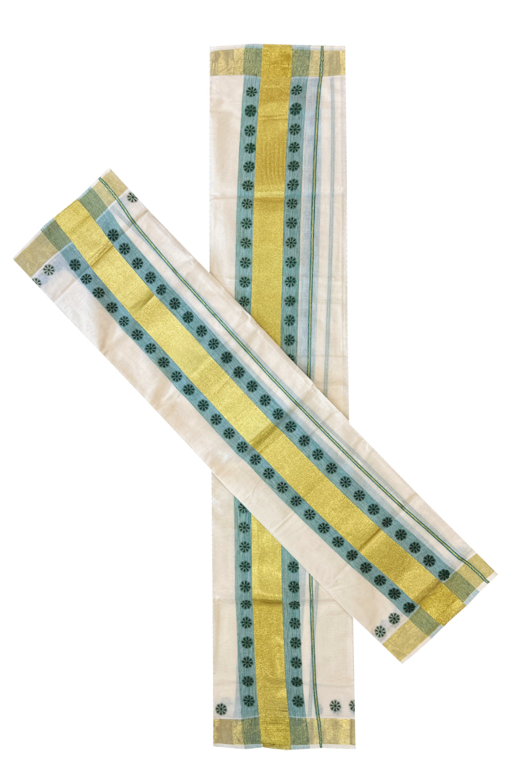 Cotton Single Set Mundu (Mundu Neriyathum) with Green Block Prints and Kasavu Border