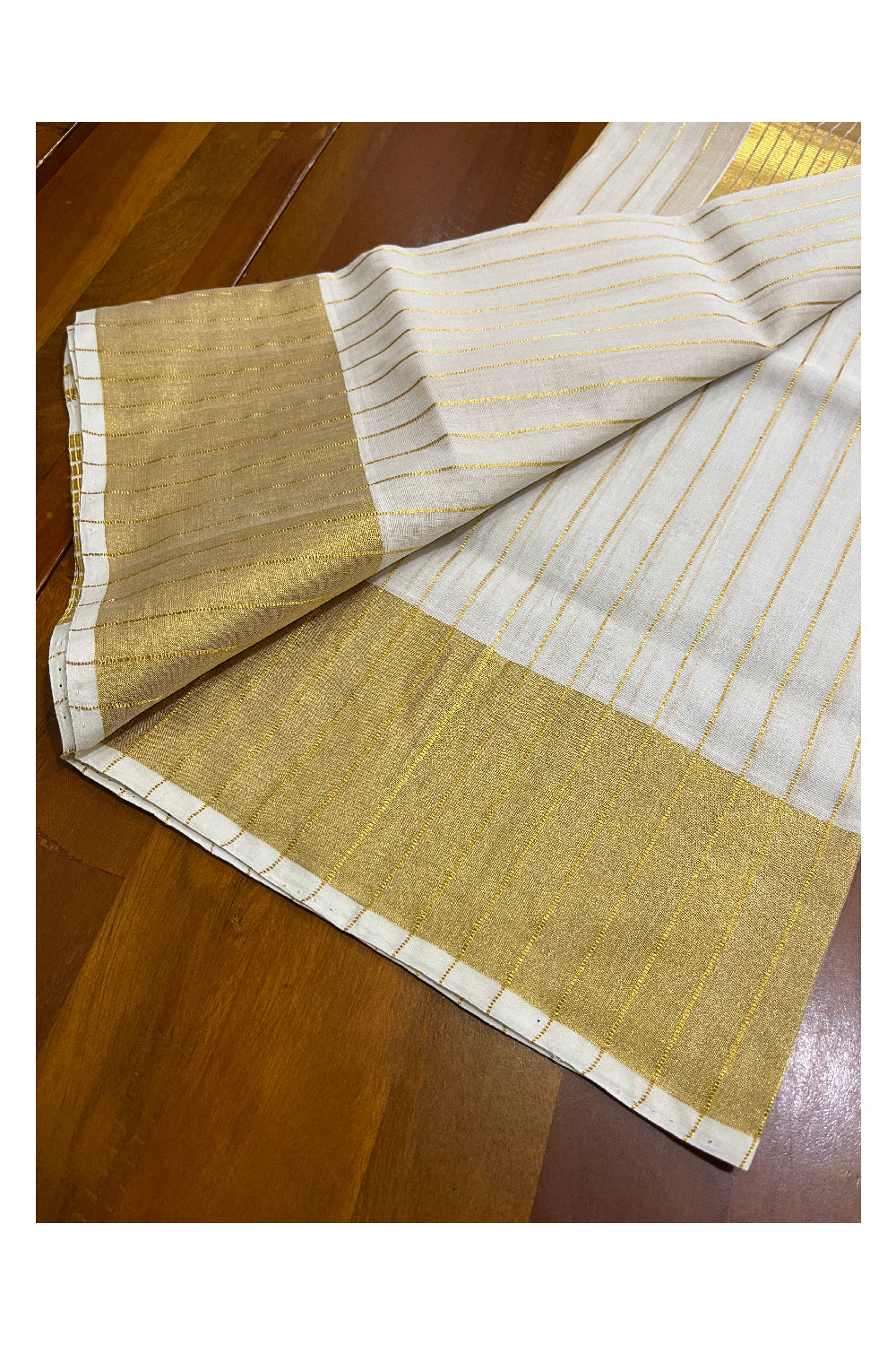 Southloom Premium Balaramapuram Unakkupaavu Handloom Cotton Wedding Set Mundu with Kasavu Lines across the Body and Border. (2.80Mtrs)