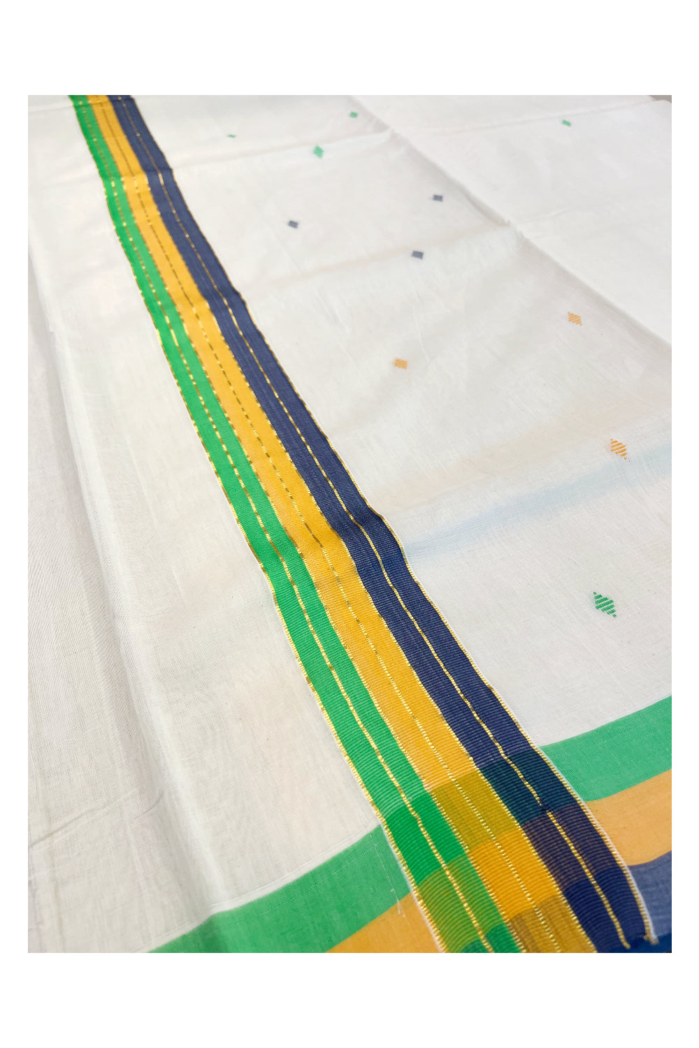 Southloom Premium Balaramapuram Unakkupaavu Handloom Cotton Butta Saree with Grey,Orange,Green and Kasavu Border