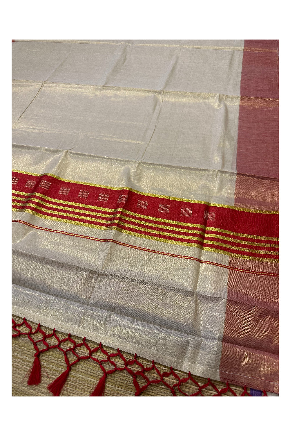 Kerala Tissue Saree with Kasavu Red Border and Tassels Works on Pallu (Onam Saree 2023)