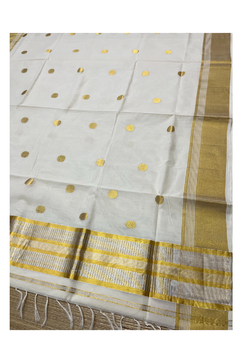 Southloom Premium Handloom Cotton Saree with Polka Woven Designs and Silver Gold Kasavu Pallu