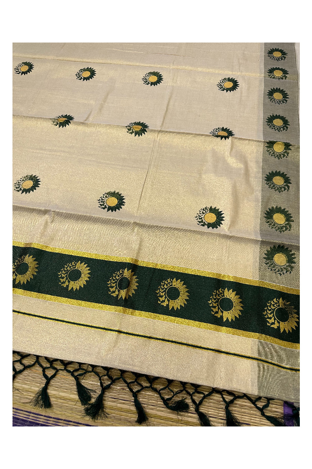 Kerala Tissue Kasavu Saree with Dark Green and Golden Block Prints on Border (Onam Saree 2023)